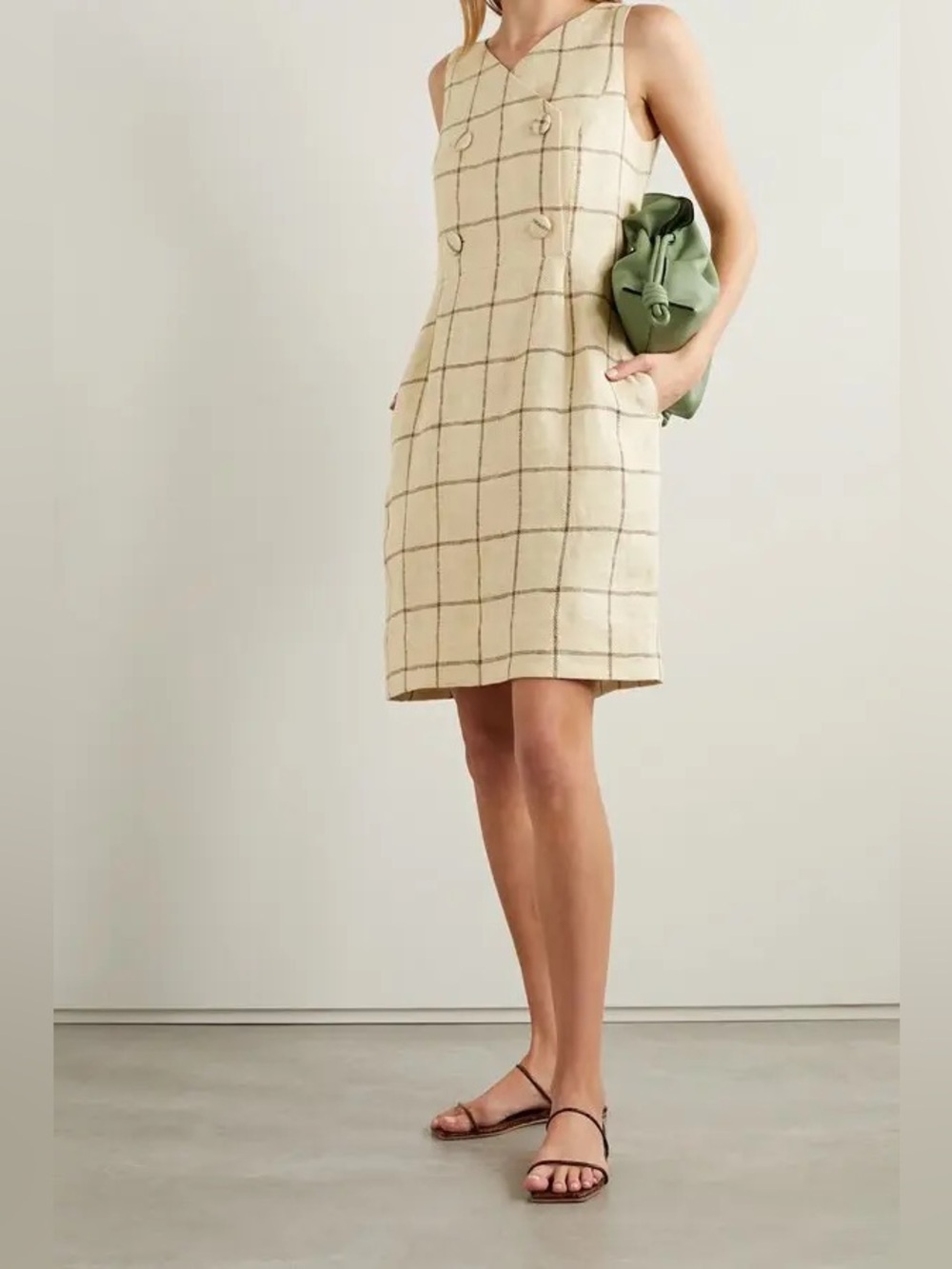 Lisa Marie Fernandez Linen Blend Plaid Shift Dress Double Breasted Sleeveless L